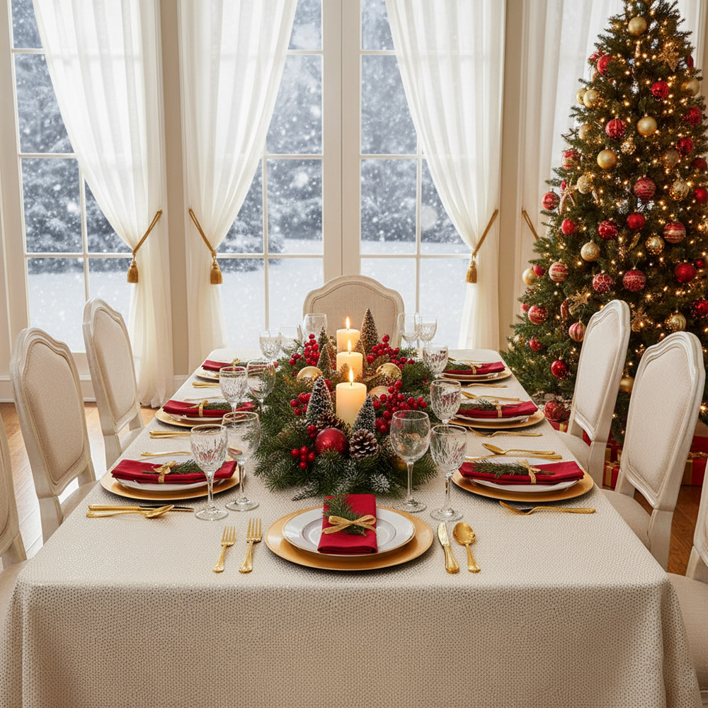 tovaglia velvet panna con dettagli oro Le Stelle145 x 270 cm e 145 x 300 cm