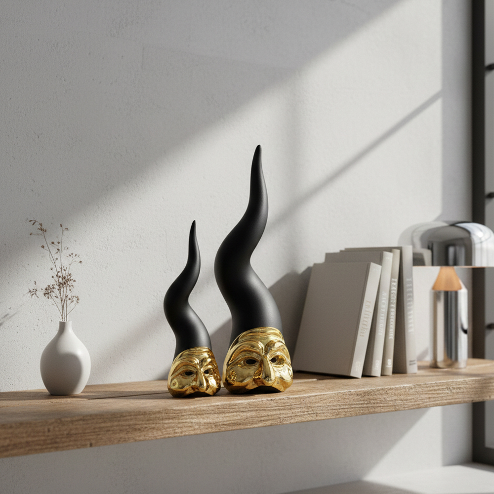 Scultura corno con maschera pulcinella nero Bongelli